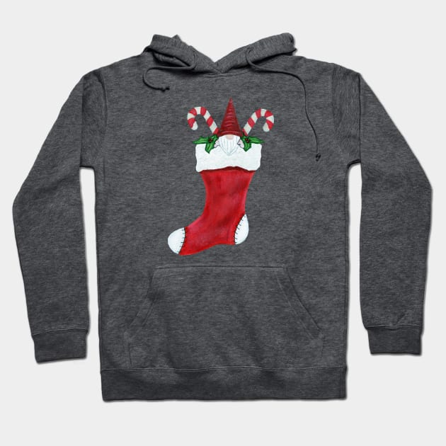 Gnome in Christmas Stocking With Candy Canes Holly Leaves Hoodie by DeerSpiritStudio